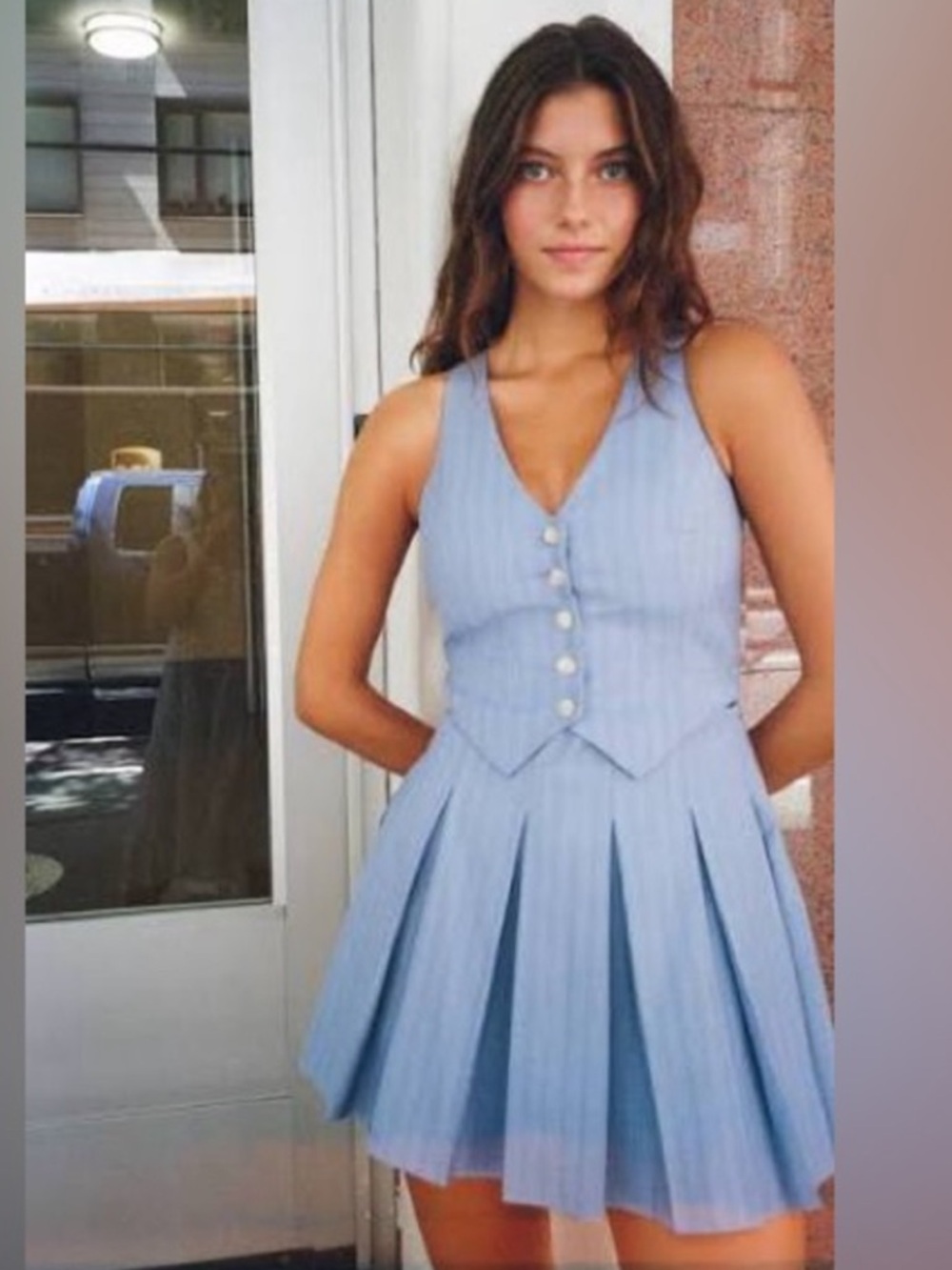 Amanda Uprichard Niall Sky Blue Pleated V-Neck Mini Skort Dress NWT $268 - Picture 3 of 3
